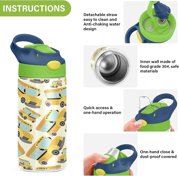 Boccsty Yellow School Bus Kids Water Bottle with Straw Lid Truck Insulated Stainless Steel Reusable Tumbler for Boys Girls Toddlers 12 oz Green