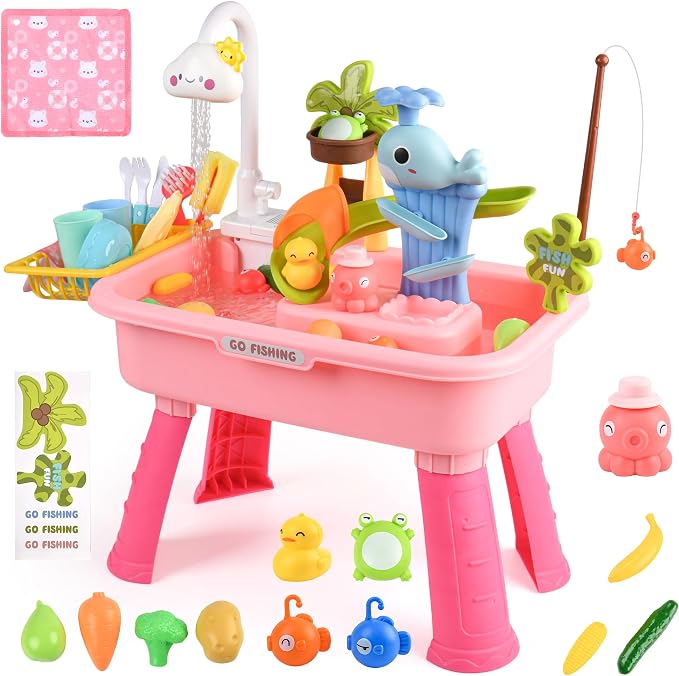 Upgraded Toddler Sand Water Table Toy with Electric Water Pump, Kids Sand Water with Faucet/Play Food Accessories/Fishing Toy, Kitchen Play Sink Toys for Girl Boy Age 3+ (Pink)