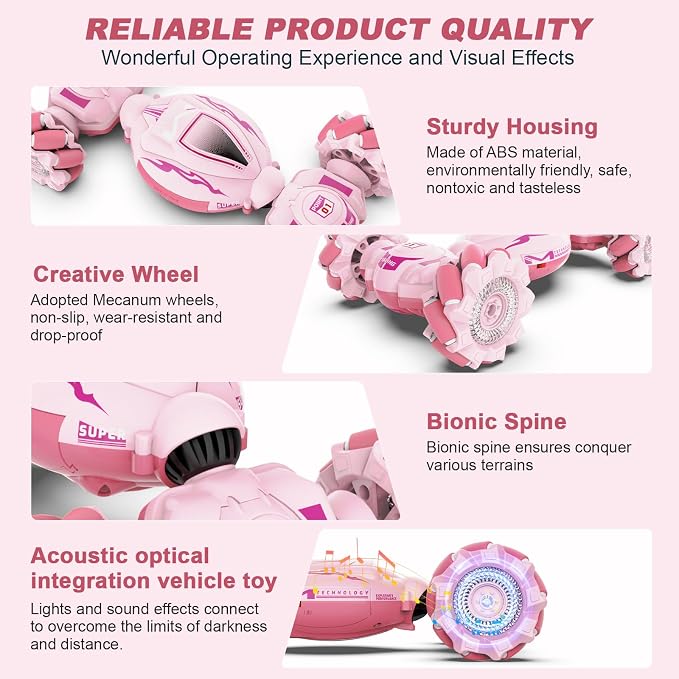 Fosgoit Pink RC Car Toys for Girls Aged 6-12, Gesture Sensing RC Stunt Cars with Lights Music for Girl Birthday Xmas Gifts, 2.4GHz 4WD Pink Remote Control Toy Double-Side Flip 360° All-Round Rotation