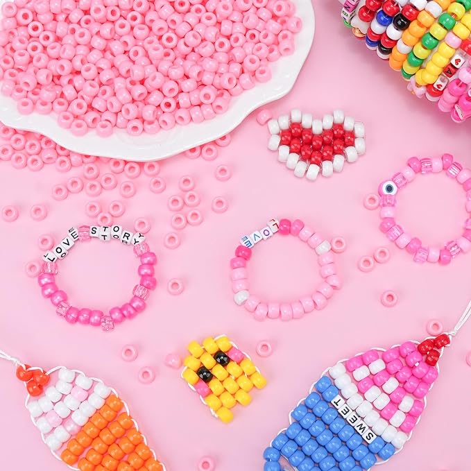 Dowsabel Pink Pony Beads Bulk 1000 Pcs 6x9mm, Large Hole Kandi Hair Beads for Braids Bracelets, DIY Friendship Bracelets Necklaces Jewelry Making Crafts and Gifts