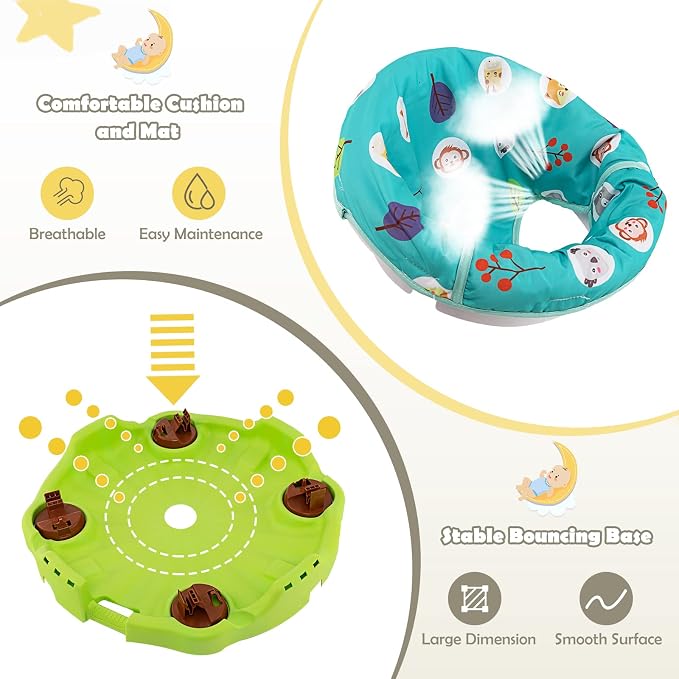 HONEY JOY Baby Bouncer Activity Center, 3-Stage Bouncing Activity Saucer & Playtime Mat & Activity Table, Toy-Bar, 3 Adjustable Heights, Foldable Activity Center for Infants & Toddlers(Green)