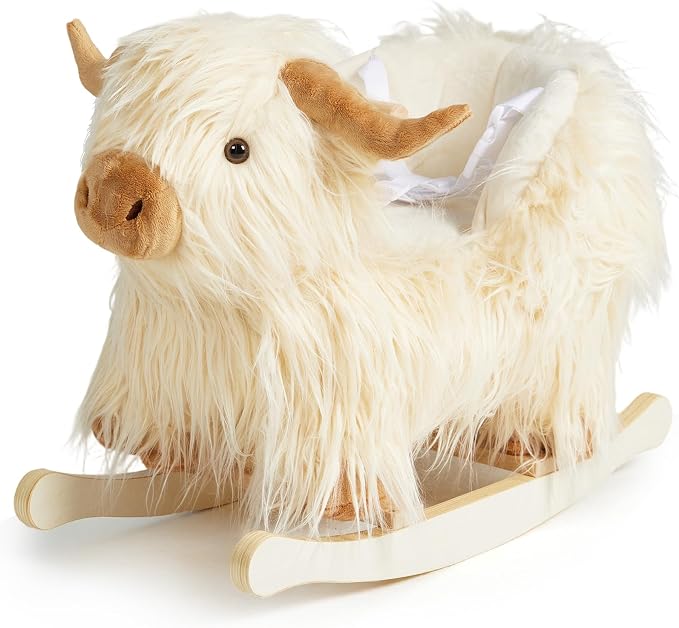 Baby Rocking Horse,Highlander Cattle Rocking Toy for 1+ Year Old Boys and Girls Rocking Horse for Kids Room Nursery Birthday Party Shower Gift Wood Animal Rocker French Design 3-Side Seat PP Cotton