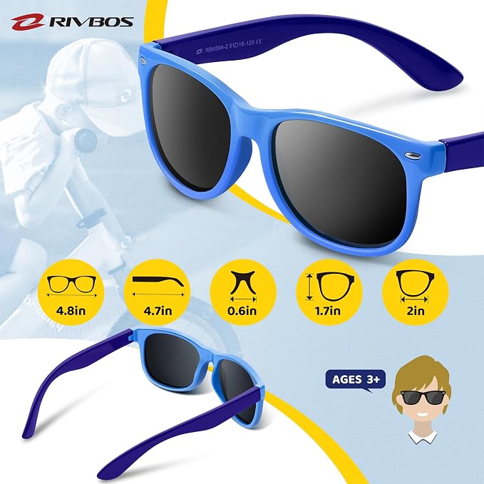 RIVBOS Kids Sunglasses Polarized UV Protection Flexible Rubber Glasses Shades with Strap for Boys Girls RBK004