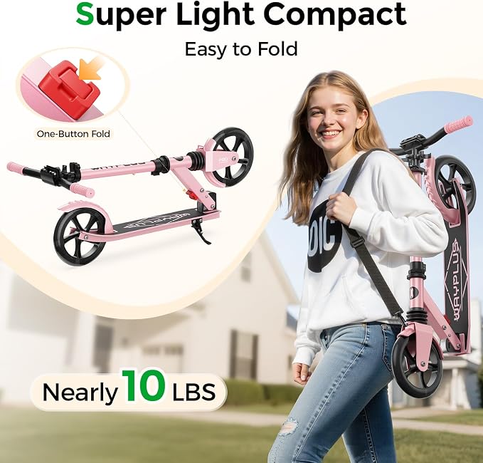 WAYPLUS KS1 Kick Scooter for Ages 6+,Kid, Teens & Adults. Max Load 240 LBS. Foldable, Lightweight, 8IN Big Wheels for Kids, Teen and Adults, 4 Adjustable Levels. Bearing ABEC9 FED Fitness