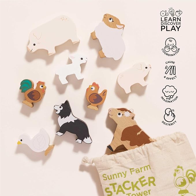 Le Toy Van Wooden Sunny Farm Stacker & Bag Educational Balancing Activity, Plastic Free, Toy Suitable for Age 18+ Months PL141