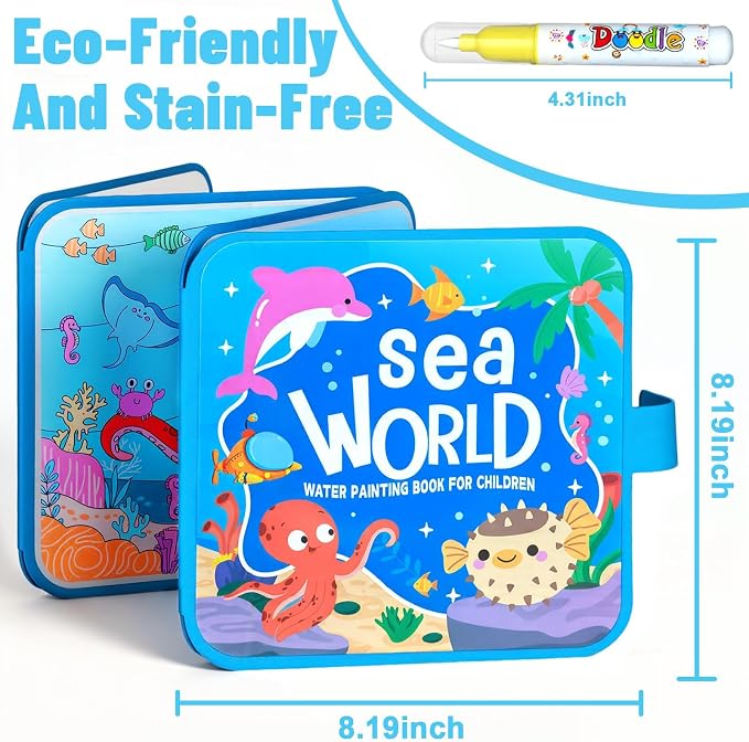 Reusable Water Coloring Books for Toddlers 1-3, Mess-Free Water Painting Book Set With Water Pens(Airplane & Dinosaur) Travel Art Craft Activity Toys for Girls Boys Ages 3+, Birthday Gifts - 4PCS