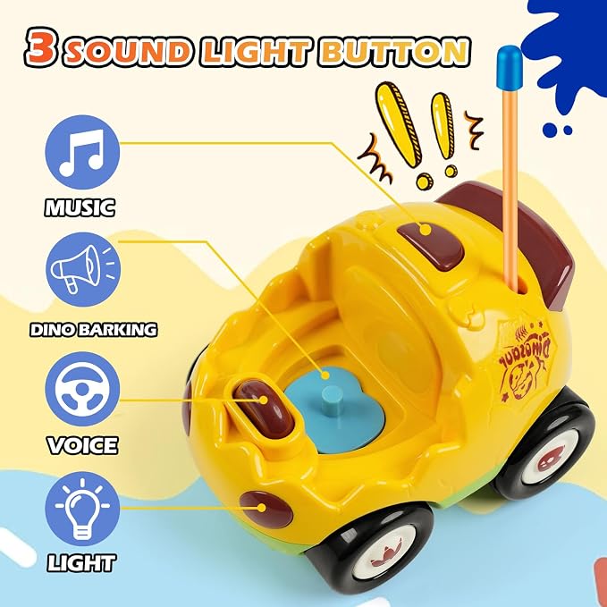 2-Pack Remote Control Dinosaur Toy Car for Kids - Birthday Gifts for Boys Toddlers Ages 18+ Months, 2 3 4 5 Year Old, Dino RC Vehicle with Lights and Music