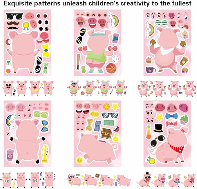 24PCS Pig Stickers for Kids Toddlers, Make-a-face Stickers, Make You Own Kawaii Pink Piggy Stickers Cute Animal Stickers for Brithday Party Favor Supplies Gifts, Teacher Classroom Reward