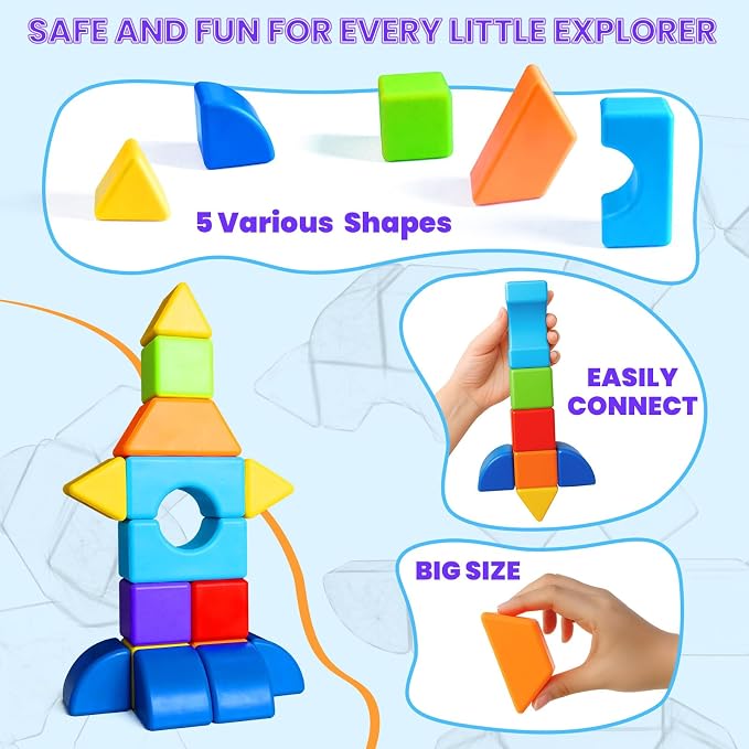 Magnetic Building Blocks, 3D Shape Set, 15 PCS for Toddlers Ages 1+ | 7 Colors, Large 1.65 Inch Magnetic Blocks, 5 Types of 3D Geometric Shapes Including Cube