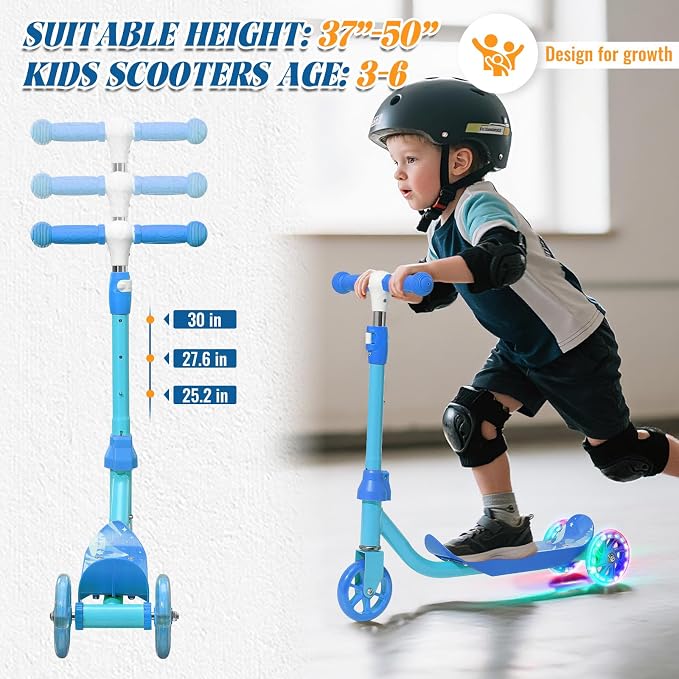 Kids Scooter with LED Light-Up Wheels, Adjustable Handlebar Scooter, Kids Toys Gift for Boys & Girls (Height 37-50") | Outdoor Play for Ages 3,4,5,6 | Extended Footrest
