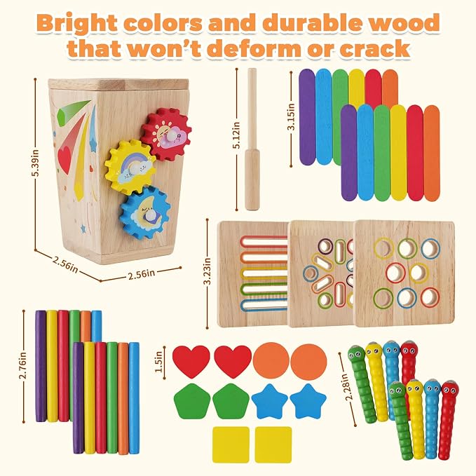 Wooden Montessori Baby Toys, 5 in 1 Fine Motor Skills Learning Toy, Educational Shape & Color Sorting Sensory Fidget Toy for Toddlers Ages 1–3, Birthday Gift for 2–4 Year Old Girls & Boys