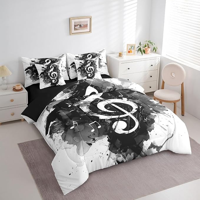 Feelyou Music Comforter Set with Sheets Twin Size Guitar Instruments Bed in a Bag for Boys Girls Teens Black White 7 Pieces Bedding Set Soft Lightweight Microfiber
