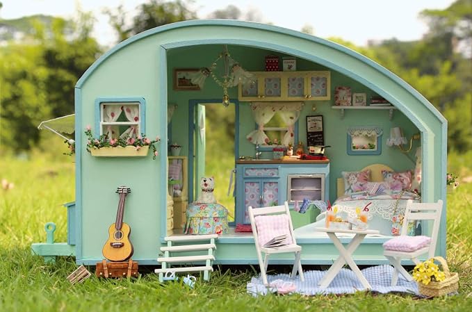CUTEROOM DIY Miniature Wooden Caravan Dollhouse Kit with Furniture - Creative Mini Doll House Craft for Adults, Teens - Perfect Christmas Birthday Gift