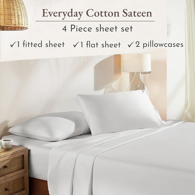 California Design Den Deep Pocket Queen Sheets Set - Natural 100% Cotton Sheets Queen Size Bed Set, Soft Sateen Weave, Breathable and Durable Bedding Ivory (Eggshell)