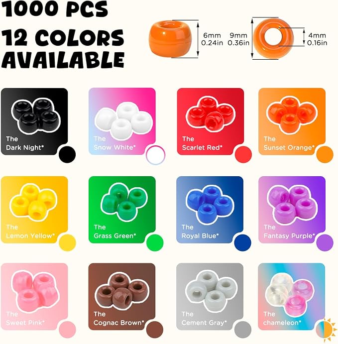 Dowsabel Orange Pony Beads Bulk 1000 Pcs 6x9mm, Large Hole Kandi Hair Beads for Braids Bracelets, DIY Friendship Bracelets Necklaces Jewelry Making Crafts and Gifts