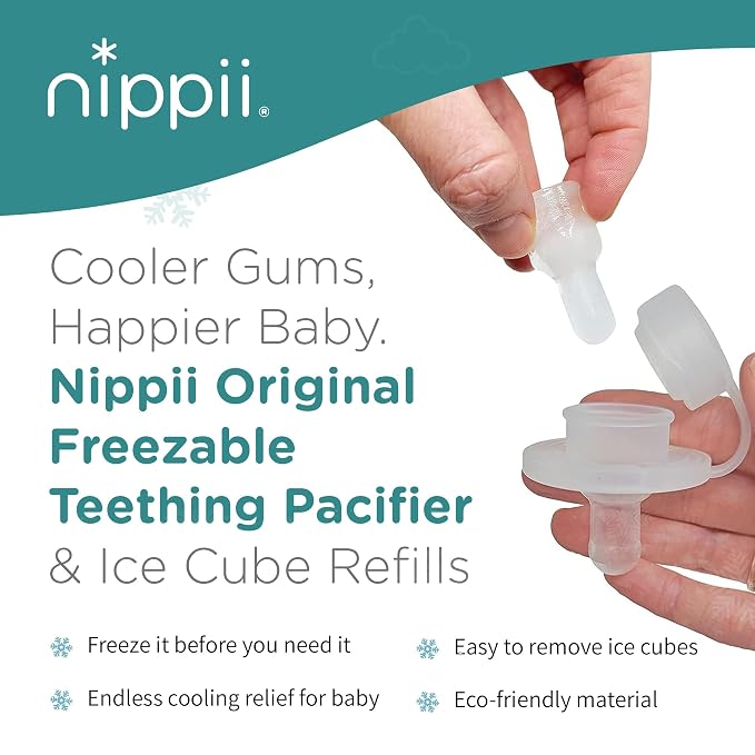 Nippii Freezable Pacifier & Ice Cube Tray, Baby Teether Toys 0-9 Months | Hands-Free, Medical-Grade Silicone, Water-Fillable, Cold. Includes Ice Cube Tray. Made in USA, CPSC Compliant, BPA Free