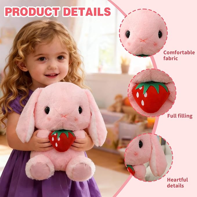 HOUPU Soft Toy - Sitting Lop Eared Rabbit, Easter White Rabbit Stuffed Bunny Animal with Carrot Soft Lovely Realistic Long-Eared Standing Pink Plush Toys (Pink-Strawberry,16.9in/43cm)