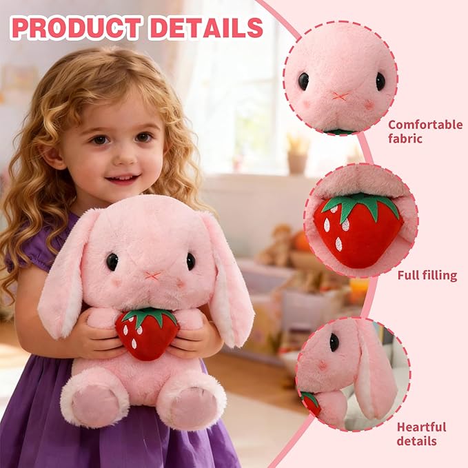 HOUPU Soft Toy - Sitting Lop Eared Rabbit, Easter White Rabbit Stuffed Bunny Animal with Carrot Soft Lovely Realistic Long-Eared Standing Pink Plush Toys (Pink-Strawberry,8.6in/22cm)