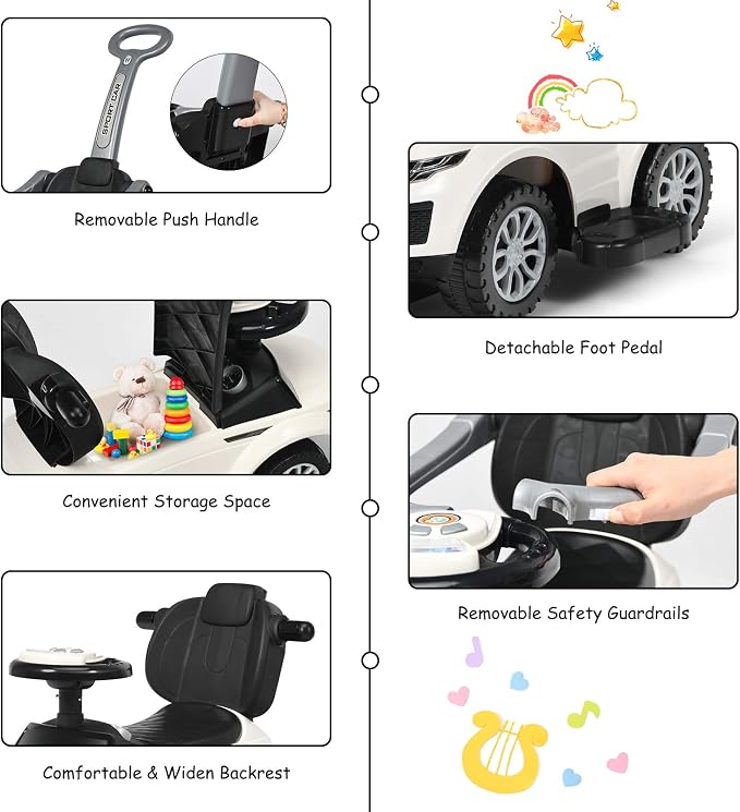 Costzon 3 in 1 Ride on Push Car, Stroller Sliding Walking Car with Horn, Music, Light, Under Seat Storage, Parental Handle, Armrest Guardrails, Ride on Toy for Boys & Girls (White)