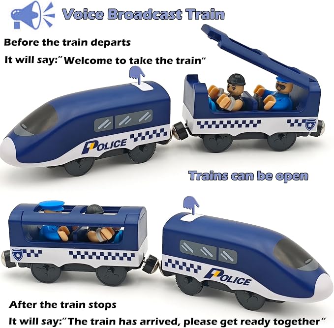 Battery Operated Police Train for Wooden Train Tracks with Figures Kids Magnetic Wooden Trains Set for Toddlers Boys 3-5 4-8 (Without Battery and Tracks) (Blue)