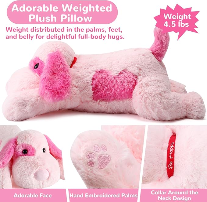 meowtastic Pink Dog Weighted Stuffed Animals - 22 Inch 4.5 Pounds Weighted Plush Dog Stuffed Animals - Big Stuffed Dog Plush Pillow - Cute Plush Toys Gifts for Kids & Adults (22" 4.5 lbs)