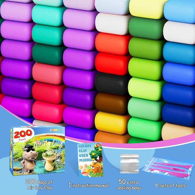 MuseLuxe Air Dry Clay - 200 Pack Modeling Clay Kit with 3 Sculpting Tools,Safe & Non-Toxic,DIY Magic Toys Gifts for Boys,Girls,Kids
