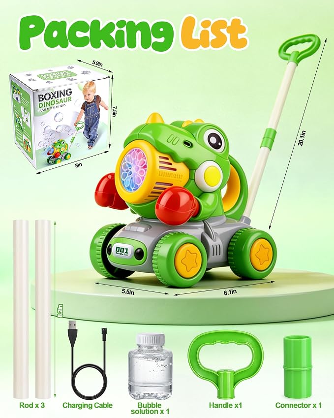 Dinosaur Bubble Lawn Mower for Toddlers, Rechargeable Automatic Bubble Blower with Lights,Handheld and Push 2 in1 Bubble Blower for Kid, Perfect for Party Favors and Activities for Girls and Boys