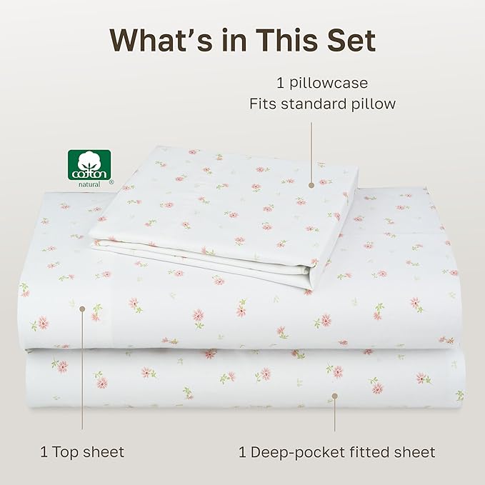 California Design Den Soft 100% Cotton Twin Size Bed Sheets Set, 400 Thread Count Good Housekeeping Award Winner, Smooth Sateen Finish, Cozy and Durable Twin Bedding Set - Soft Floral