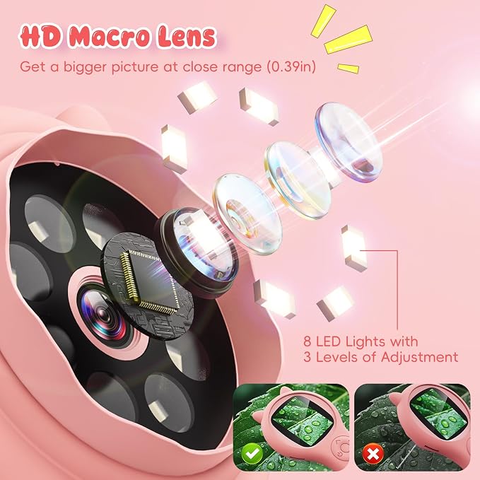Kids Microscope for Girls, 500X Portable Digital Microscope with 2" IPS Screen, Cute STEM Learning Toy, Birthday Gift for Girls Age 5-12 (Pink)