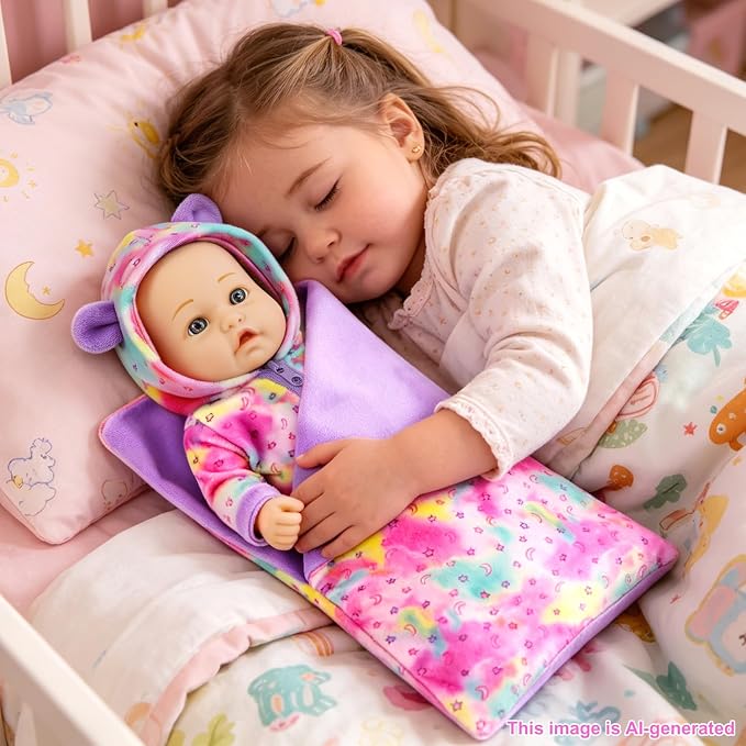 Ecore Fun 12 Inch Baby Doll with Outfit, Sleeping Bag,Pacifier, Bottle, Diaper & Care Set, Realistic Pretend Play Doll Accessories for Kids 3+