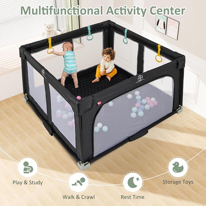 INFANS Foldable Baby Playpen with Mat, 50” x 50” Large Baby Play Yard for Infant with 50 Ocean Balls, 4 Handlers, Carry Bag, Indoor Outdoor Fence Toddler Activity Center (Black, 50” x 50”)