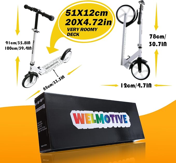 Kick Scooter for Kids Ages 6+, Teens & Adults, Adjustable Handlebars, Rear Brake, Big Wheel Foldable Scooter for Indoor & Outdoor