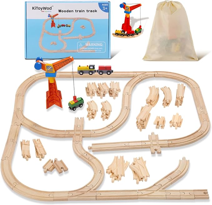 Wooden Train Track Set 62pcs, Wood Railway Systems Accessories Expansion Pack with Train + Crane, for 3-10 Years Toddlers Birthday Gift, Christmas Toys, Compatible with Major Brands (62 PCS)