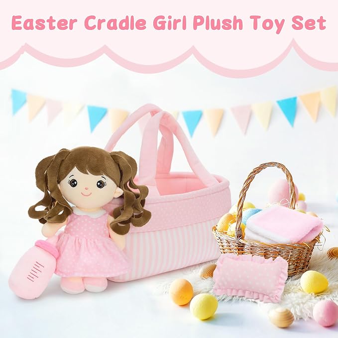 MaoGoLan 6Pcs Pink Baby Doll Set, 11'' Baby Doll Accessories, Soft Plush Doll with Portable Bassinet, Blanket, Bottle & Clothes, Pretend Play Set, Ideal Valentine Christmas Birthday Gift for Girls