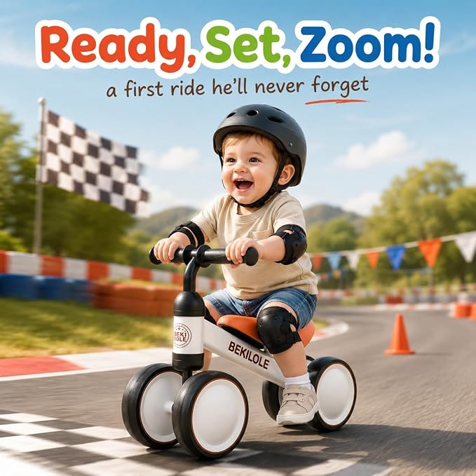BEKILOLE Baby Balance Bike for 1 Year Old Boys Girls, 12-24 Month Toddler Balance Bike, No-Pedal 4 Silent Wheels, Ride-On Toys for 1 Year Old, 1st Birthday Boy Gifts, White Brown