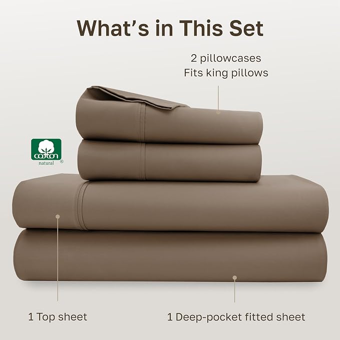 California Design Den King Sheet Set - Soft 400 Thread Count Sateen, Natural 100% Cotton Sheets King Size Bed Set, Deep Pockets with All Around Elastic for a Snug Fit, Durable Bedding - Mocha