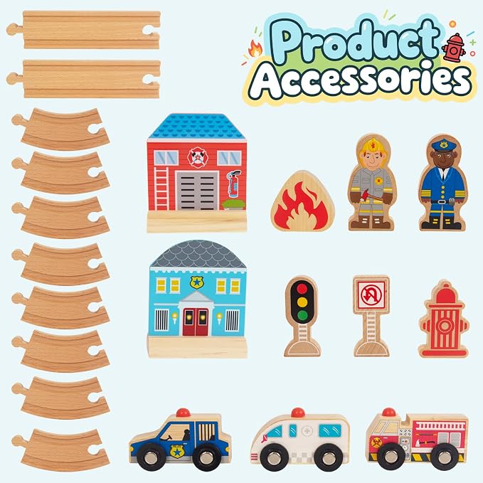 Wooden Train Set for Toddler, Wooden Tracks fits Thomas, fits Brio, fits Chuggington, fits Melissa and Doug - Expandable, Changeable Train Toy for 3 4 5 Years Old Girls & Boys (Police)