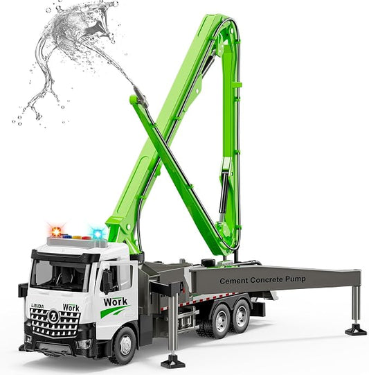 Cement Concrete Pump Truck Toy - Extendable Concrete Boom Pump Construction Trucks Site Playset Building Water Spray Todder Kids Age 3 4 5 6 7 8 Year Old Boy Birthday Christmas Vehicles Education Gift