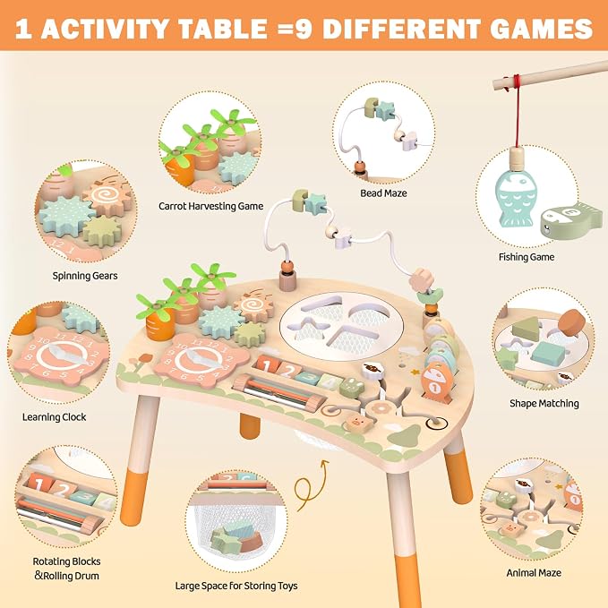 Weilim Activity Table, 9-in-1 Wooden Montessori Toy Activity Center with Shape Sorter Fishing Game Bead Maze, Baby Play Table Sensory Educational Toys for Toddler