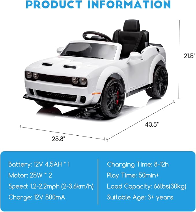 12V Kids Car, Licensed Dodge Challenger Electric Car for Kids, Battery-Powered Toy Car with Remote Control, LED Headlights, Music, Suspension, Double Doors, Safety Belt, Ride On Car for Boys & Girls