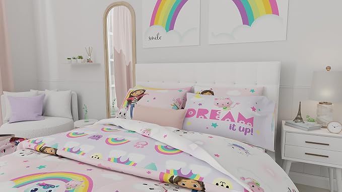 Gabby's Dollhouse Kids Full Size Bedding, 7 Piece Super Soft Cozy Reversible Comforter and Sheet Set with Sham, (Officially Licensed Product) By Franco