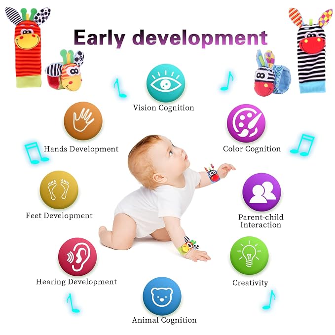 PADONISE Wrist Rattle Foot Finder Socks Set for Baby Arm Hand Rattle Feet Leg Ankle Socks Newborn Soft Sensory Toys Baby Socks Newborn Rattles Toys Valentines Gift 0-3 6-12 Months Infant Girl Boy