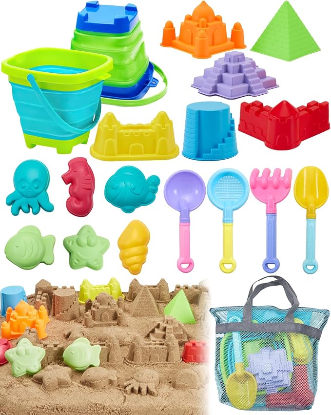 Beach Toys for Toddlers 1-3, Beach Toy Sand Toy for Kids Ages 4-8, 2 Collapsible Sand Bucket and Shovels, Mesh Bag, Sand Castle Animal Molds Sets, Travel Sandbox Toys for Toddlers Kids Age 3-10