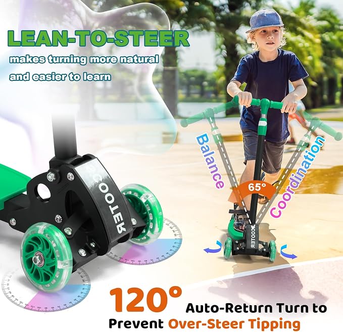 Kick Scooter for Kids Ages 6-12, Stable 3 Wheel Kids Scooter with LED Light-Up Wheels, 3 Adjustable Heights, Lean-to-Steer, Foldable, 6" Extra Wide Deck for Boys and Girls Gifts