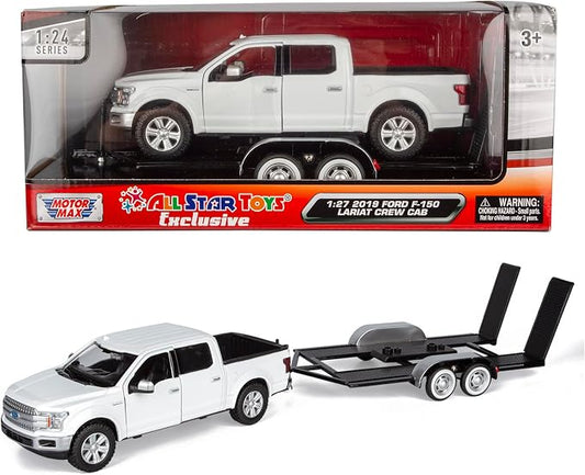 Motormax 2019 Ford F-150 Lariat Crew Cab Pickup Truck with a Car Hauler, Truck & Tow Trailer Combo - 1/27 Scale Diecast Model, White, All Star Toys Exclusive 79363/76001