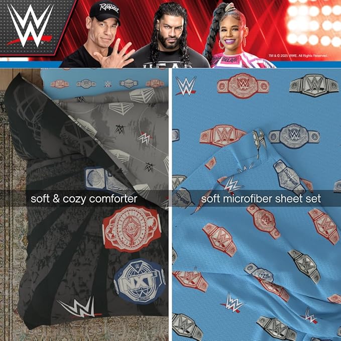 WWE Wrestlemania Bedding Set, Super Soft Microfiber Comforter & Sheet Set, 4-Piece Twin, (Officially Licensed Product) by Franco