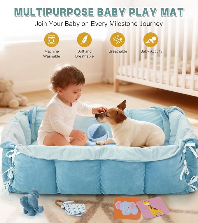 5-in-1 Baby Play Gym and Tummy Time Mat, 12 Learning Cards, Plush Activity Mat with 6 Toys, Baby Gym, Convertible to Ball Pit, Baby Gift, Blue