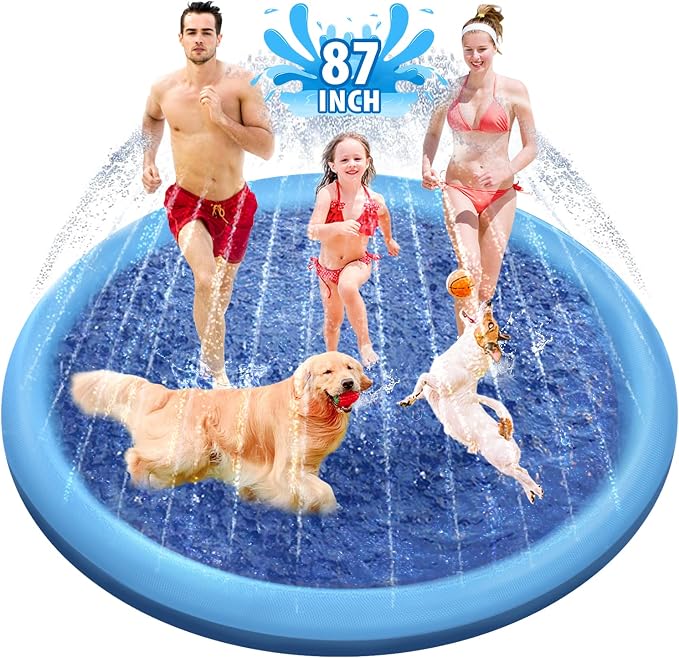 Raxurt Splash Pad, 87in Anti-Slip Splash Pad for Kids Dogs Thickened Durable Bath Pool Pet Summer Outdoor WaterToys Backyard Fountain Play Mat, Blue