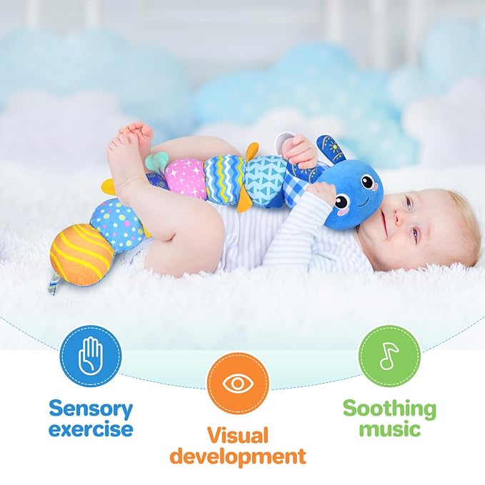 KMUYSL Baby Sensory Caterpillar Toys for 0-6 6-12 Months, Soft Plush Activity Toy with Crinkle, Rattle & Gentle Music, Tummy Time Toy for Infant Newborn, Early Development Toy Shower Gifts for Baby