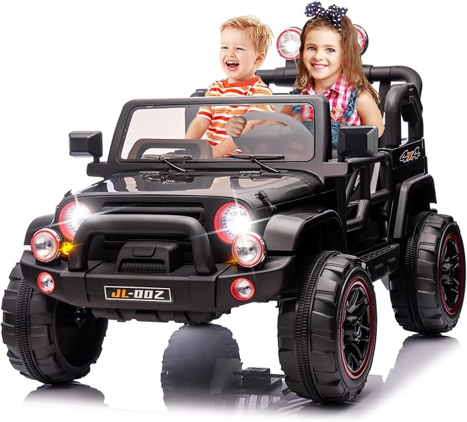 Fitnessclub Electric Cars for Kids, 12V Powered Kids Ride On Car with 2.4 GHZ Bluetooth Remote Control, LED Lights, MP3 Player, 3 Speeds, Waterproof Cover (Black)